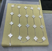 CLOVER 20 MOTIF WHITE MOP 86CM SILVER NECKLACE