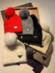 BEANIE HAT IN BISQUE BEIGE WOOL AND RABBIT FUR 361433