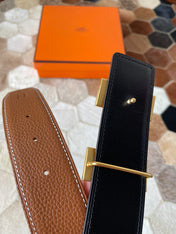HM CONSTANCE BELT BUCKLE & REVERSIBLE BRONZE BROWN LEATHER STRAP 38MM GOLD HARDWARE