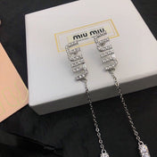 MIUMIU 26S CRYSTAL LOGO CHAIN DROP EARRINGS IN SILVER TONE METAL 620413