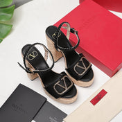VLTN ESPADRILLE WEDGE SANDALS 25S 130 MM IN BLACK LAMBSKIN WITH GOLD HARDWARE