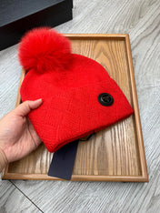BEANIE HAT IN CHERRY RED WOOL AND RABBIT FUR 346718