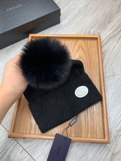 BEANIE HAT IN BLACK WOOL AND RABBIT FUR 346717