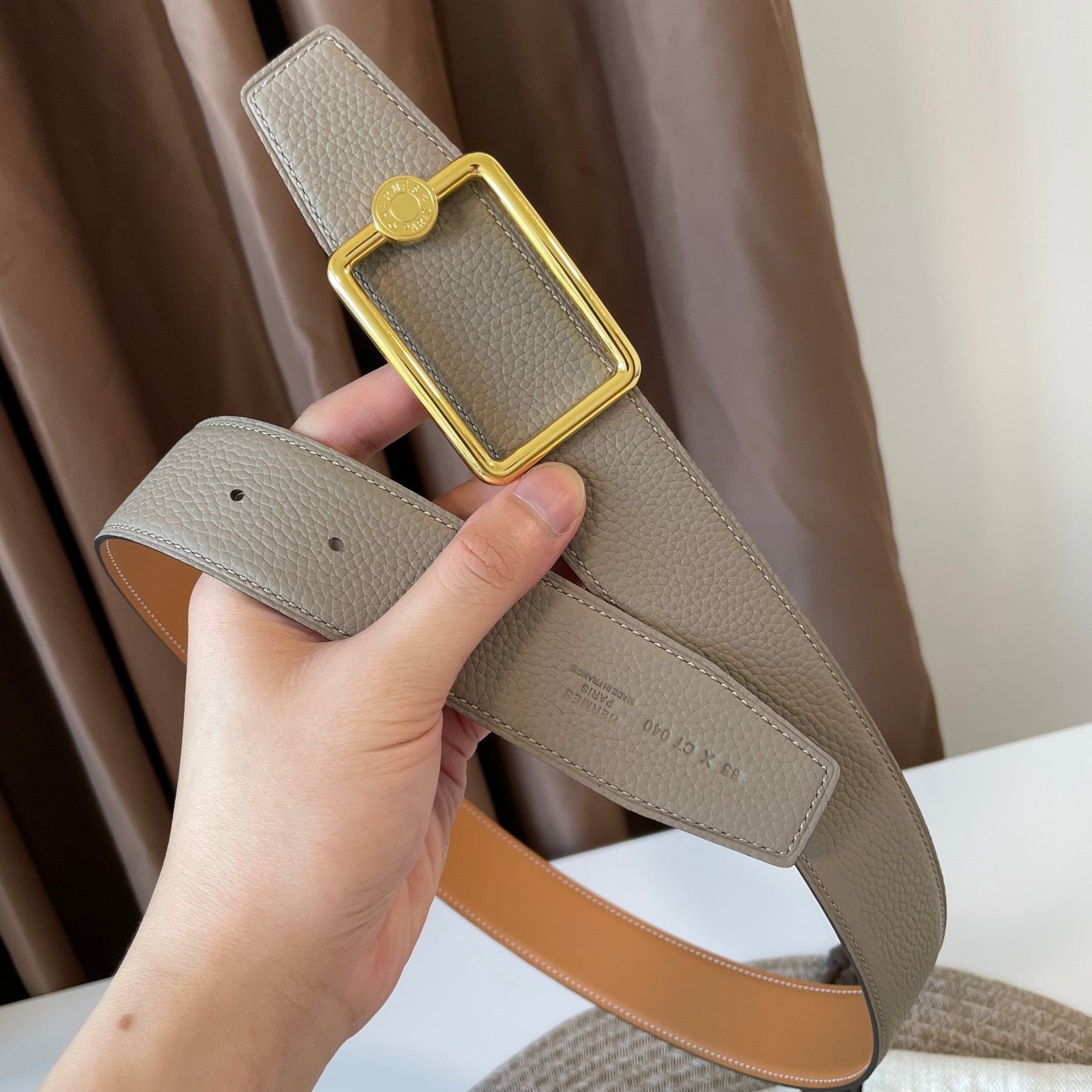 OSCAR BELT BUCKLE & REVERSIBLE KHAKI BROWN AND ORANGE LEATHER STRAP 38MM GOLD HARDWARE