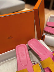 0RAN SANDALS IN DIJON YELLOW SUEDE AND DEEP PINK CALFSKIN