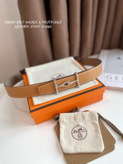 JUMBO BELT SILVER BUCKLE & REVERSIBLE CAMEL BROWN AND ORANGE LEATHER STRAP 32MM