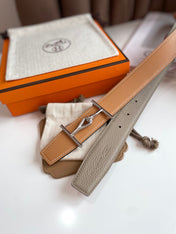 JUMBO BELT SILVER BUCKLE & REVERSIBLE CAMEL BROWN AND ORANGE LEATHER STRAP 32MM
