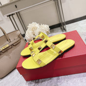 ROMAN STUD BRIGHT YELLOW CALFSKIN FLAT SLIDE SANDAL 25 MM