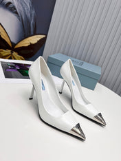 PRADA 26S PUMPS STILETTO HEEL 95MM IN WHITE METAL TIP CALFSKIN
