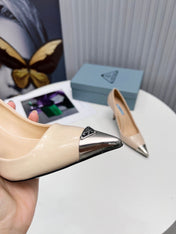 PRADA 26S PUMPS STILETTO HEEL 95MM IN NUDE BEIGE METAL TIP CALFSKIN