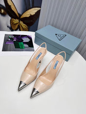 PRADA 26S SLINGBACK HEELS 95MM IN NUDE BEIGE METAL TIP CALFSKIN