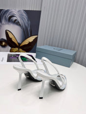 PRADA 26S SLINGBACK PUMPS STILETTO HEEL 95MM IN WHITE MESH WITH LOGO