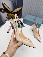 PRADA 26S SLINGBACK PUMPS STILETTO HEEL 95MM IN NUDE BEIGE CALFSKIN LOGO