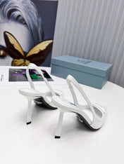 PRADA 26S SLINGBACK PUMPS STILETTO HEEL 95MM IN WHITE PATENT CALFSKIN LOGO