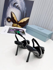 PRADA 26S SLINGBACK PUMPS STILETTO HEEL 95MM IN BLACK PATENT CALFSKIN LOGO