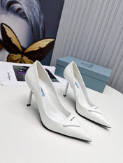 PRADA 26S POINTED TOE PUMPS STILETTO HEEL 95MM IN WHITE PATENT CALFSKIN LOGO