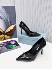 PRADA 26S POINTED TOE PUMPS STILETTO HEEL 95MM IN BLACK PATENT CALFSKIN LOGO