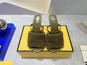 FENDI FIRST HIGH HEEL 95 MM SANDAL IN OLIVE GREEN MINK FUR