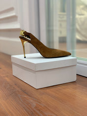 BALMAIN 26S SLINGBACK 95 MM IN BROWN SUEDE WITH GOLD HARDWARE