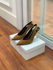 BALMAIN 26S SLINGBACK 95 MM IN BROWN SUEDE WITH GOLD HARDWARE