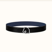 BOUCLE BELT BUCKLE & REVERSIBLE NAVY BLUE AND BLACK AND WHITE LEATHER STRAP 38MM SILVER HARDWARE