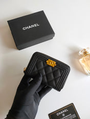 CC BOY ZIP COIN PURSE 11.5 BLACK GRAINED CALFSKIN GOLD ICON