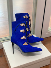 BALMAIN 26S BOOT 95 MM IN DARK BLUE SUEDE PEARL BUTTON