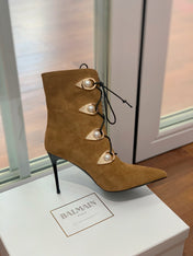 BALMAIN 26S BOOT 95 MM IN BROWN SUEDE PEARL BUTTON