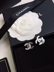 CHANEL 26S DOUBLE C LOGO BLACK CRYSTAL PAVE STUD EARRINGS IN SILVER METAL 633228