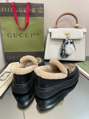GG LOAFER IN PEANUT BROWN JACQUARD AND BLACK CALFSKIN WITH BEIGE WOOL LINING