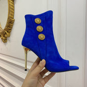 BALMAIN 26S OPEN-TOE BOOTS 95 MM IN NAVY BLUE SUEDE