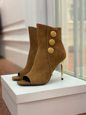 BALMAIN 26S OPEN-TOE BOOTS 95 MM IN BROWN SUEDE