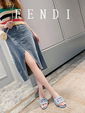 FENDI BAGUETTE SLIDES IN  BABY BLUE LAMBSKIN