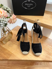 PRADA 26S ESPADRILLE HIGH HEEL SANDALS IN BLACK CANVAS WITH LOGO