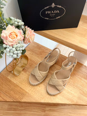 PRADA 26S CROSS STRAP ESPADRILLE WEDGE SANDALS IN BEIGE CALFSKIN