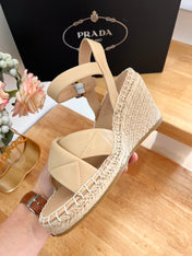 PRADA 26S CROSS STRAP ESPADRILLE WEDGE SANDALS IN BEIGE CALFSKIN