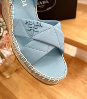 PRADA 26S CROSS STRAP ESPADRILLE WEDGE SANDALS IN SKY BLUE CALFSKIN