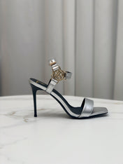 BALMAIN 25S HIGH HEELS WITH B METAL DETAIL 95MM IN SILVER CALFSKIN
