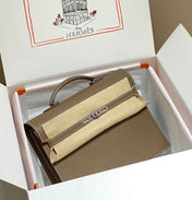 KELLY DEPECHES 34 BRIEFCASE IN ETOUPE TOGO CALFSKIN SILVER HARDWARE