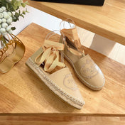 PRADA 26S LACE UP ESPADRILLE FLATS IN BEIGE CALFSKIN