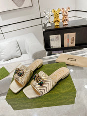 GG SPARKLE CRYSTAL SLIDE SANDAL METALLIC GOLD CALFSKIN