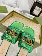 GG SPARKLE CRYSTAL SLIDE SANDAL METALLIC GREEN CALFSKIN