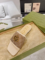 GG EXCLUSIVE SLIDE SANDAL IVORY AND BROWN FABRIC