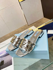 PRA EMBROIDERED SLIDES FLAT SILVER CALFSKIN