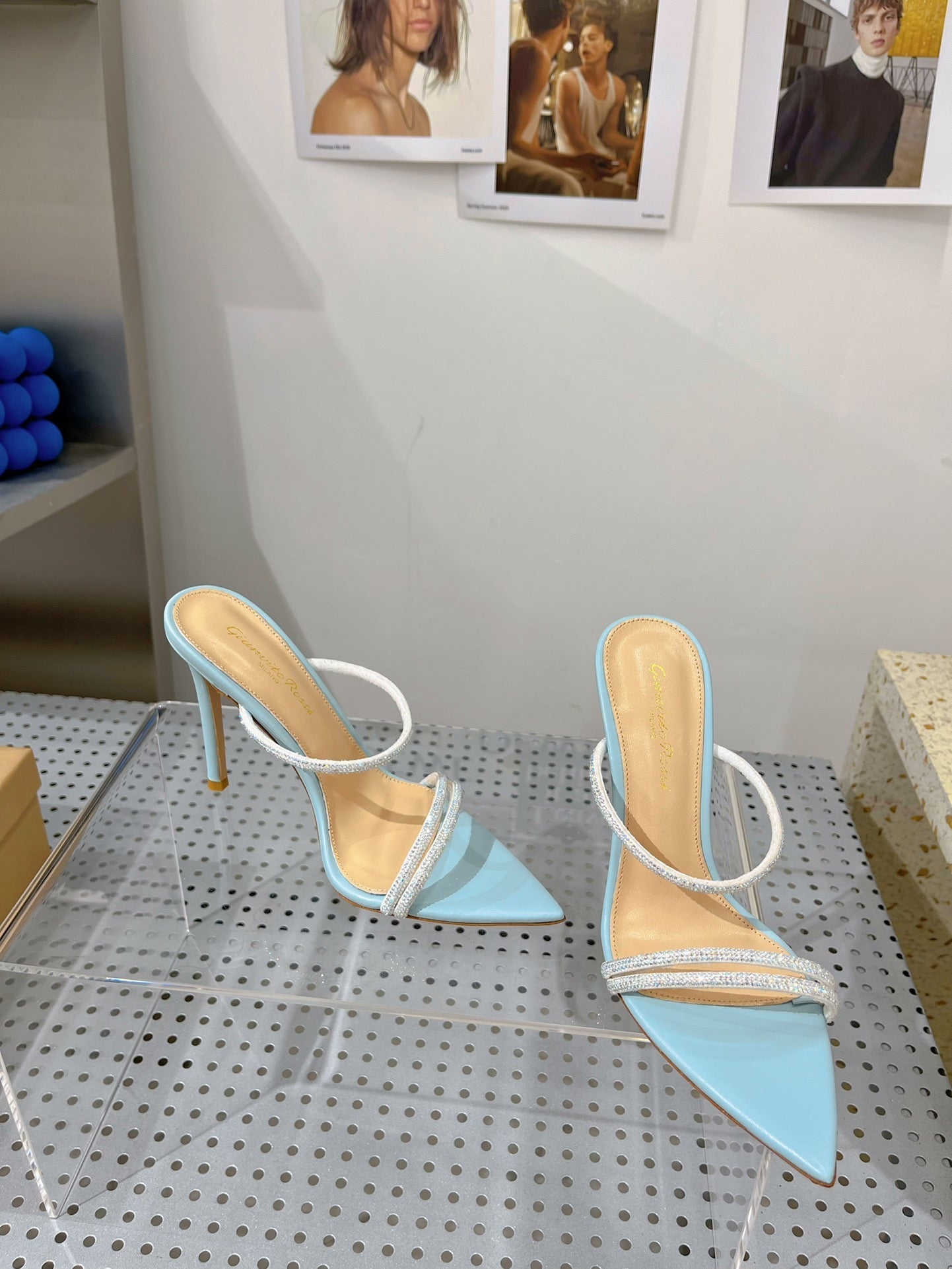 GIANVITO ROSSI 26S POINTED HIGH-HEEL SANDALS 100 MM IN SKY BLUE LAMBSKIN