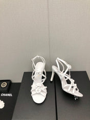 FLORAL HIGH HEEL SANDAL IN WHITE LAMBSKIN