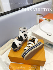 LV 26S WEDGE SANDALS 70 MM IN WHITE AND BLACK LAMBSKIN