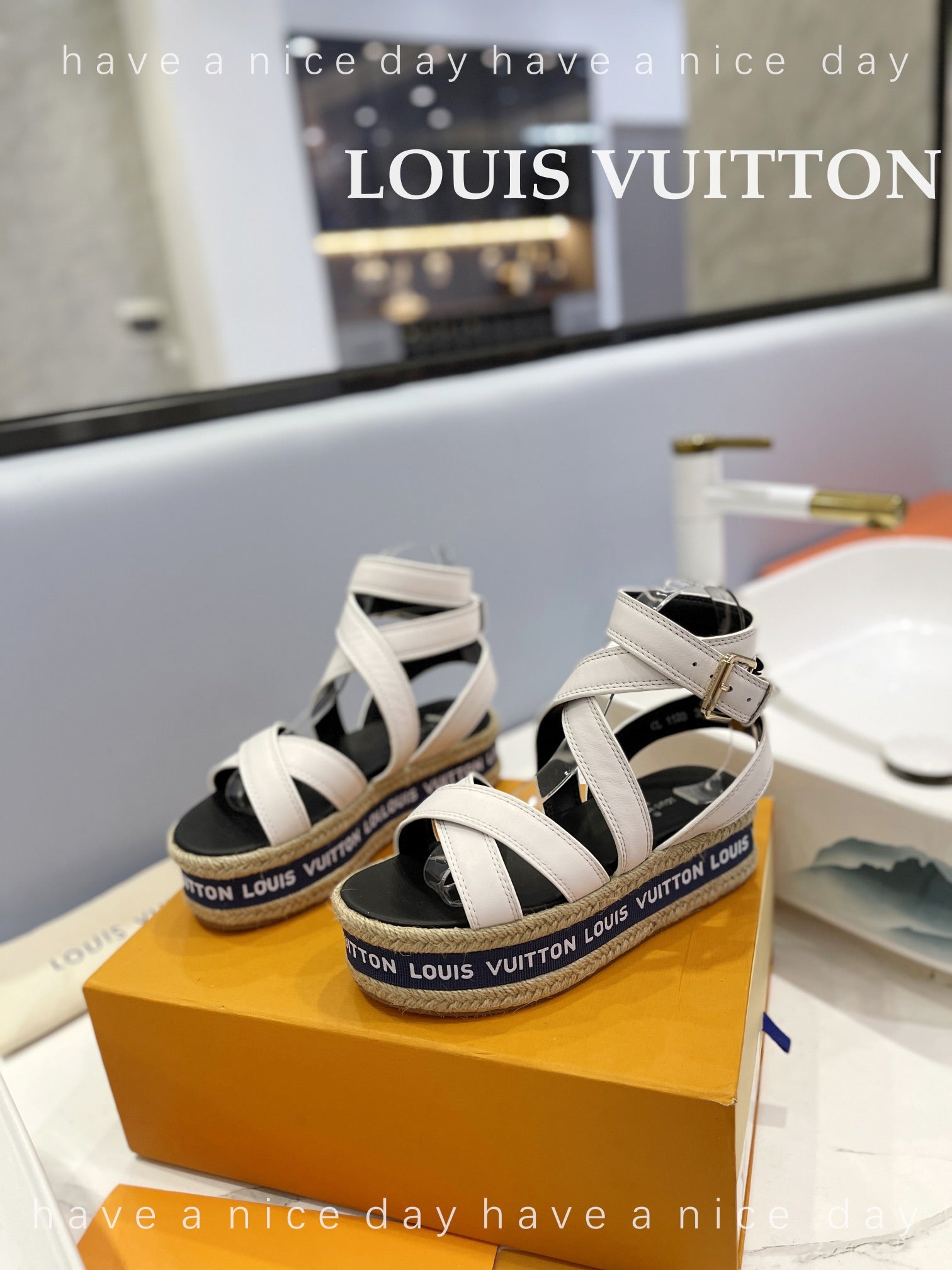 LV 26S WEDGE SANDALS 70 MM IN WHITE AND BLACK LAMBSKIN