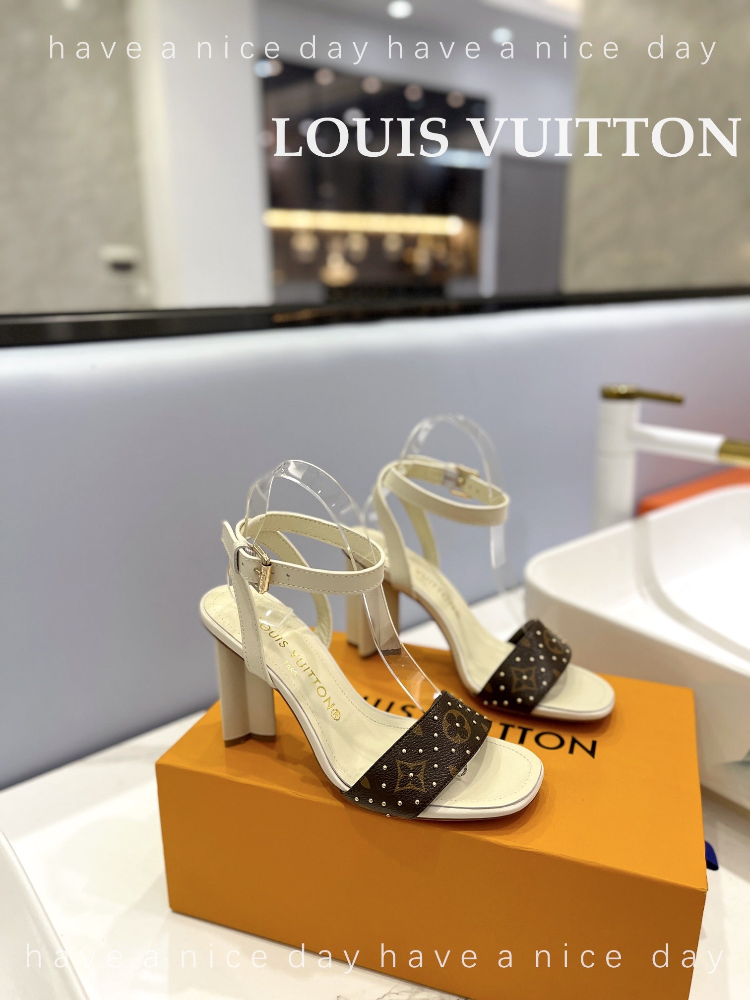 LV 26S HIGH HEEL SANDALS 80 MM IN BEIGE AND DARK BROWN MONOGRAM CANVAS WITH STUDS
