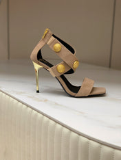 BALMAIN 25S CROSSOVER STRAP HIGH HEELS 95MM IN LIGHT BROWN SUEDE